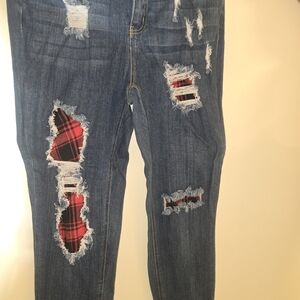 Forever 21 Blue Distressed Jeans with Plaid Accents